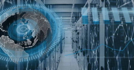 Image of scope and data processing over computer servers. Global connections, computing and data...