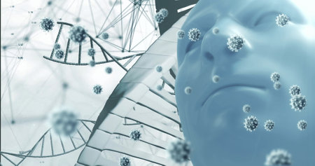 Image of virus cells and dna strand over digital human. Global science, technology and digital...