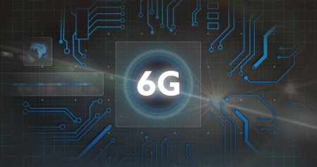 Image of 6g text and light over motherboard network processing data on dark background. Connection,...