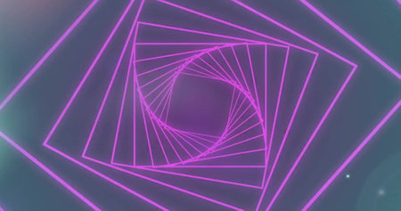 Image of pink square spiral and coloured lights moving on dark background. Network, data,...
