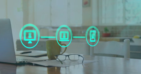 Image of media icons over laptop in office. Global business and digital interface concept digitally...