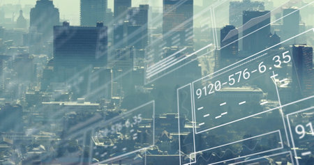 Image of financial data processing over cityscape. Global finance, business, connections, computing...