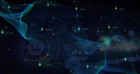 Image of scope scanning and digital data processing over black background. Global connections,...