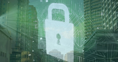 Image of data processing with padlock icon and computer circuit board over cityscape. Global...
