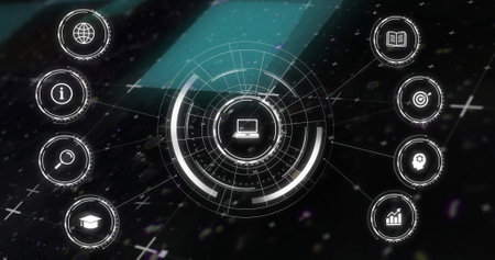 Image of network of connections over digital icons on black background. Global connections,...