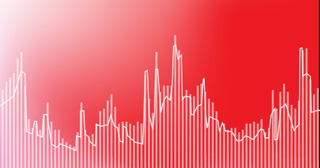 Image of statistics and digital data processing over red background. Global connections, computing and data processing concept digitally generated image.の写真素材