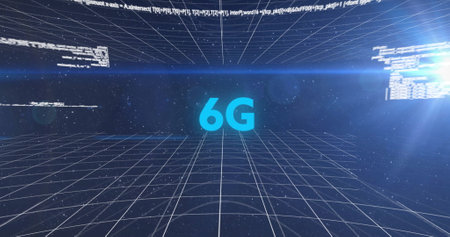 Image of 6g text, light, scanner and processing data on dark background. Connection, network, data,...