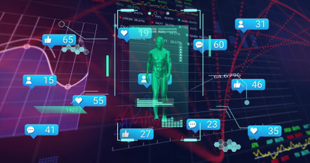 Image of social media notifications over walking figure on interface and processing data. Digital...