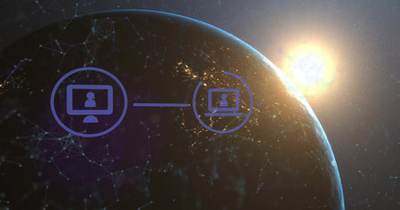 Image of network of connections with digital icons over globe. Global connections, computing and...