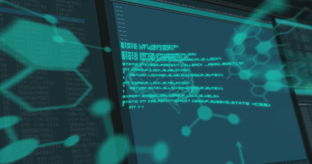Image of molecules with digital brain over data processing on black background. Global science, connections and digital interface concept digitally generated image.の写真素材