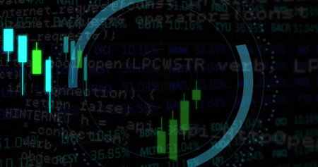 Image of financial data processing and padlock with cloud icon over dark background. Global finance,...