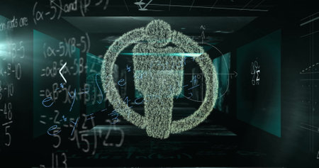 Image of icon over mathematical equations. Science, technology and digital interface concept digitally generated image.の写真素材