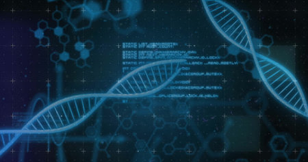 Image of data processing over dna strands on black background. Global science, connections,...