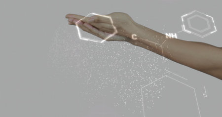 Hand holding molecular structures, image of chemical bonds and elements. Science, chemistry, molecules, atomic, laboratory, researchの写真素材