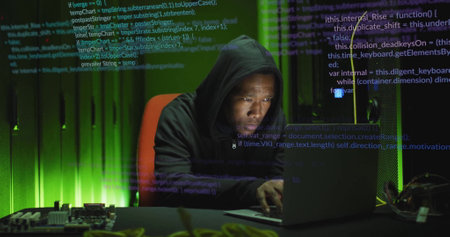Image of digital data processing over african american man using laptop by computer servers. Global...