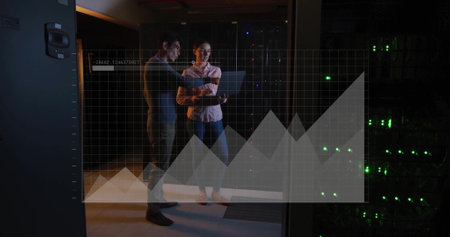 Image of digital data processing over diverse people with laptop by computer servers. Global...
