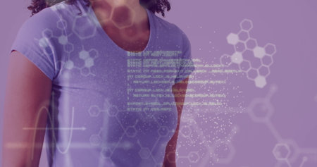 Image of dna, elements and medical data over sick biracial woman feeling neck glands. Healthcare, illness, medicine, digital interface and communication, digitally generated image.の写真素材