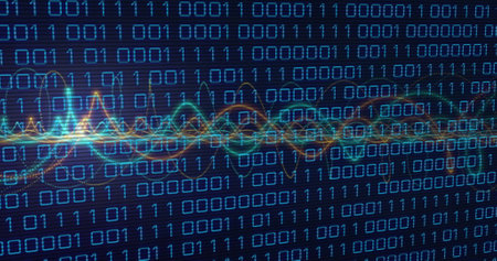 Image of binary coding data processing with glowing neon light trails. Global cyber security,...