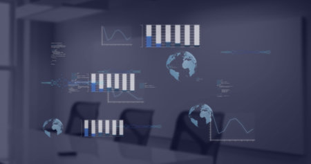 Image of financial data processing over empty room in office. Global business, finances, computing...