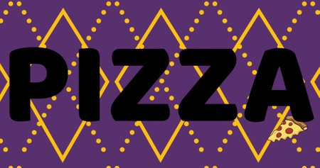 Image of pizza icon and pizza text over yellow shapes. celebration, food and digital interface concept digitally generated image.の写真素材