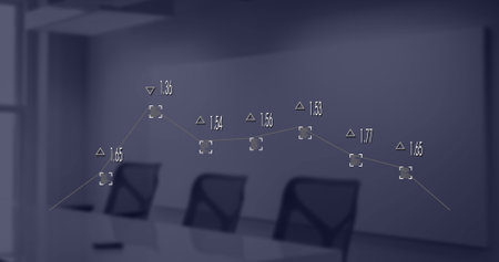 Image of financial data processing over empty room in office. Global business, finances, computing...