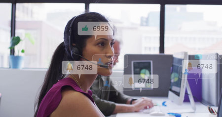 Image of social media data processing over diverse business people in office. Global finance, business, connections, computing and data processing concept digitally generated image.の写真素材