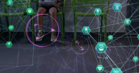 Image of globe of connections with icons over caucasian boy patient with tablet. Global medicine,...
