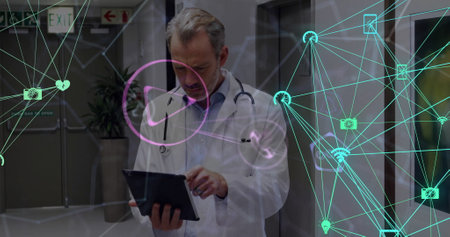 Image of globe with connections with icons over caucasian male doctor with tablet. Global medicine,...