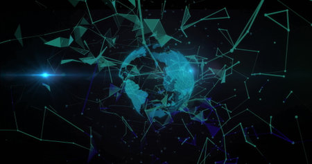 Image of network of connections over globe on black background. Global technology, connections,...