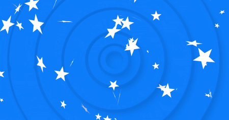 Image of white stars over circles on blue background. Shapes, colours and background concept digitally generated image.の写真素材
