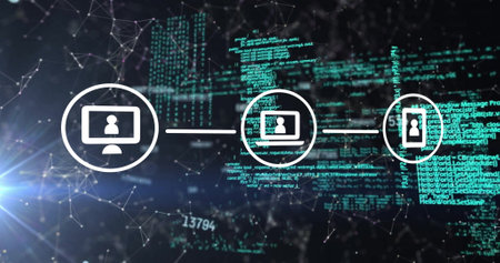 Image of network of connections with icons over data processing. Technology and digital interface...