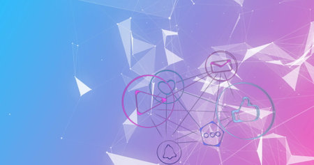 Image of network of connections with social media icons on purple background. Global social media,...