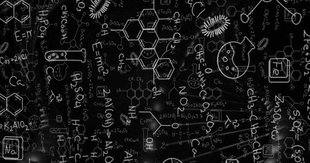 Image of mathematical and chemical equations over dna strand on black background. Technology, science and digital interface concept digitally generated image.の写真素材