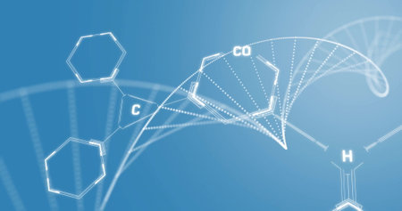 Image of chemical formula over dna strand on blue background. Technology, science and digital interface concept digitally generated image.の写真素材