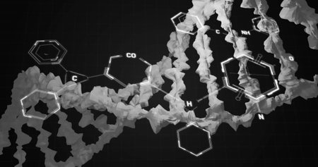 Image of chemical formula over dna strand. Social media, technology and digital interface concept digitally generated image.の写真素材