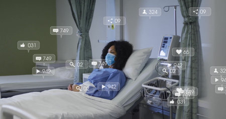 Image of social media icons with growing numbers over african american female patient. Global social...