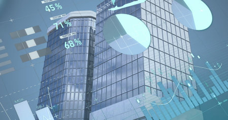 Image of financial data processing over modern office buildings. Global business, finances,...
