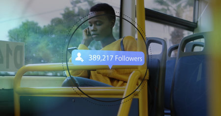 Image of followers growing number over african american woman using smartphone in bus. Global...