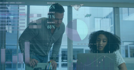 Image of financial data processing over diverse colleagues discussing work in office. Global...