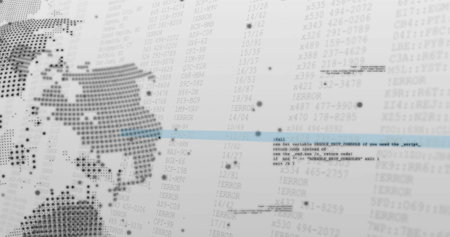 World map and programming code image over white background with data points. Technology, software,...