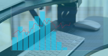 Image of financial data processing over desk in office. Global finance, business, connections,...