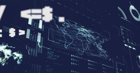 Image of digital data processing and world map over grid on dark background. Global connections,...