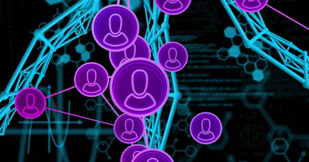 Network of user icons and data processing image over digital background. Networking, connectivity,...
