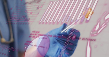 Holding test tube, gloved hand over scientific data and code image. Science, laboratory, research, experiment, data analysis, technologyの写真素材