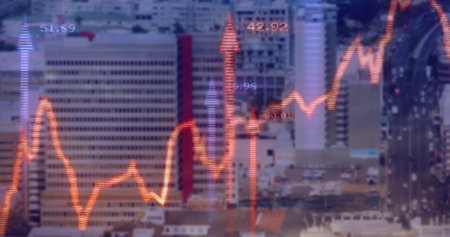Stock market graph image over cityscape with tall buildings. Finance, economy, stock exchange,...