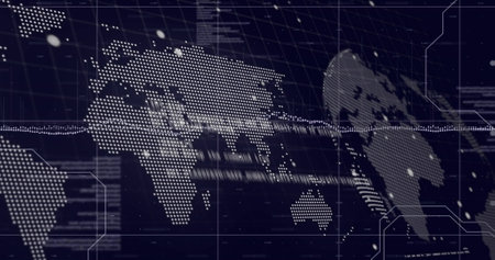 Digital world map and data points image. Technology, graphics, visualization, global, interface,...