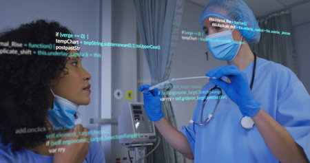 Medical data processing image over healthcare professionals conducting throat swab test. medical...