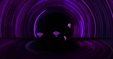 Image of wifi icons and neon light trails on black background. Global digital interface,...