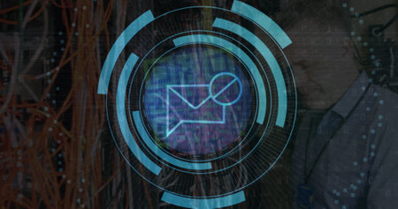 Image of data processing and scope over caucasian male it engineer by computer servers. Global connections, computing and data processing concept digitally generated image.の写真素材