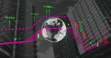 Image of globe and financial data processing over cityscape. Global finance, business, connections,...